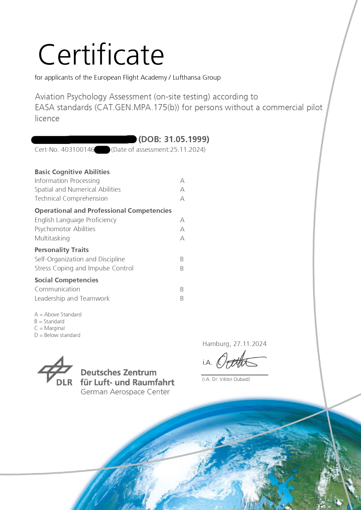 DLR pilot aptitude test certificate awarded after successfully passing the DLR Eignungstest