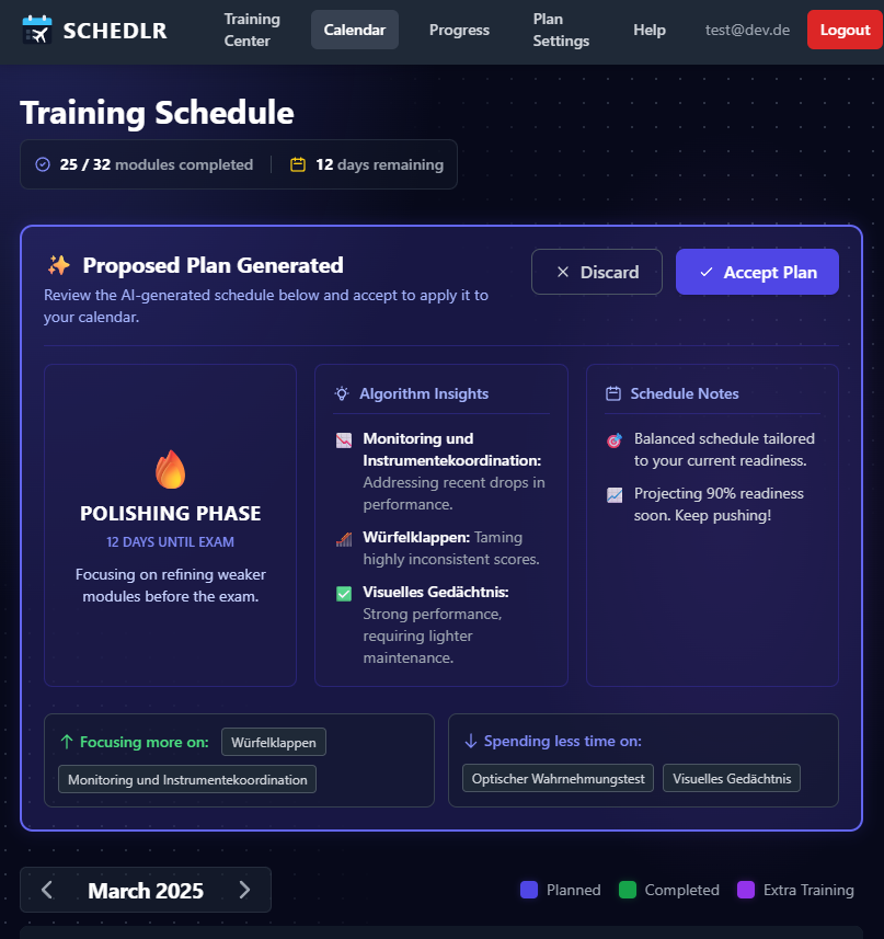 SCHEDLR Smart Scheduler Engine automatically balancing DLR module training sessions per week